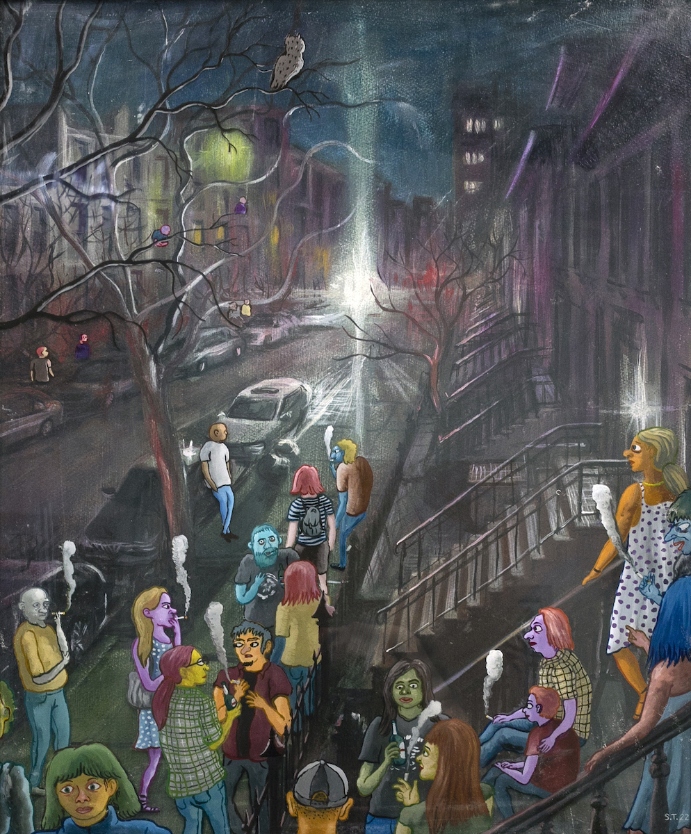 The Party in Brooklyn, 60x50cm, 24x20”, Reverse glass painting with oil on paper, 2022